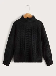 SHEIN Niñas Jersey de cuello cisne de hombros caídos tejido de cable - Negro - Ver 1