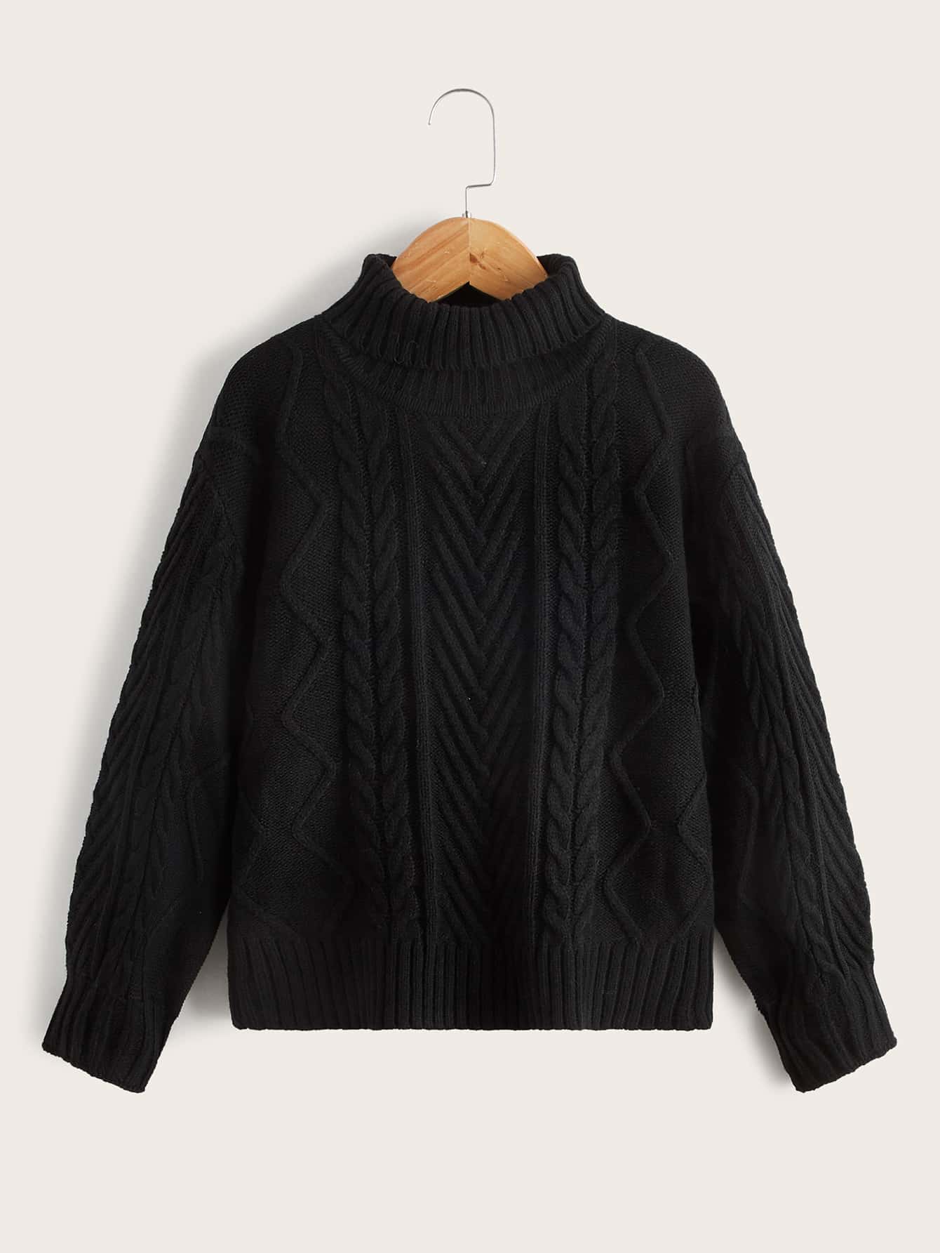 SHEIN Niñas Jersey de cuello cisne de hombros caídos tejido de cable - Negro - Ver 1