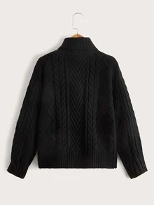 SHEIN Niñas Jersey de cuello cisne de hombros caídos tejido de cable - Negro - Ver 2