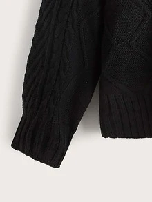 SHEIN Niñas Jersey de cuello cisne de hombros caídos tejido de cable - Negro - Ver 3