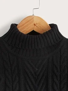 SHEIN Niñas Jersey de cuello cisne de hombros caídos tejido de cable - Negro - Ver 4