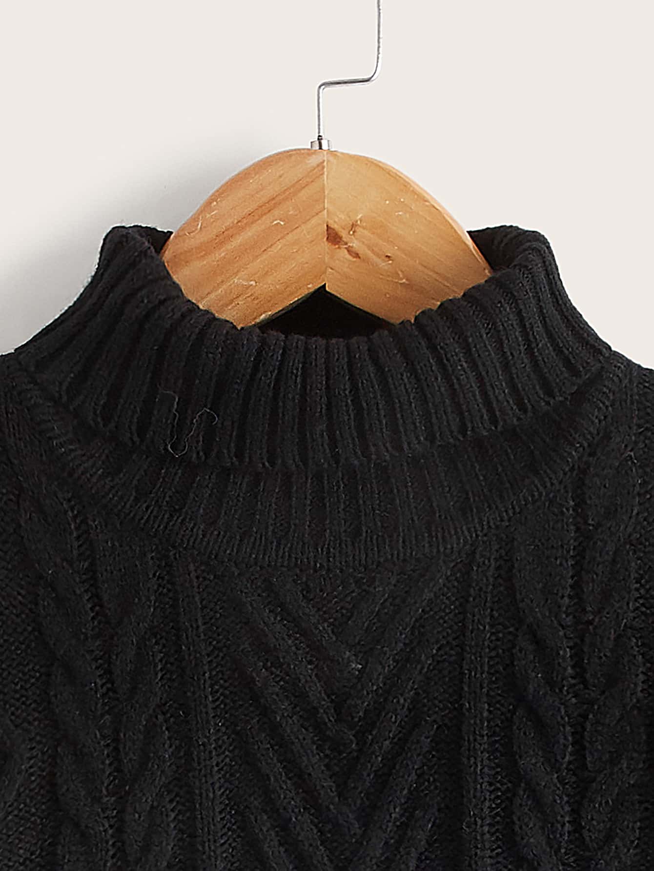 SHEIN Girls High Neck Drop Shoulder Cable Knit Sweater - Black - View 4