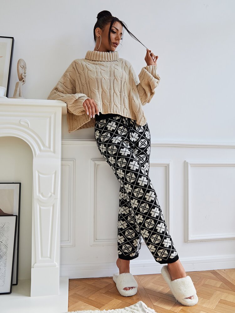 SHEIN Pantalon à cordon à motif géométrique en tricot - Noir et Blanc - Voir 4