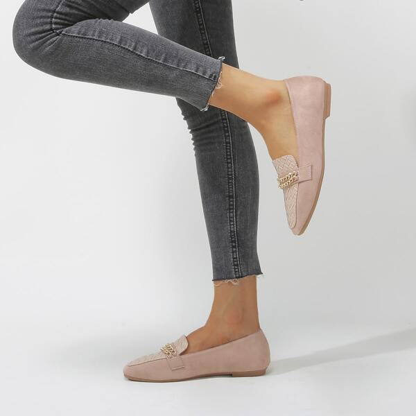 

Braided Detail Chain Decor Loafers, Baby pink