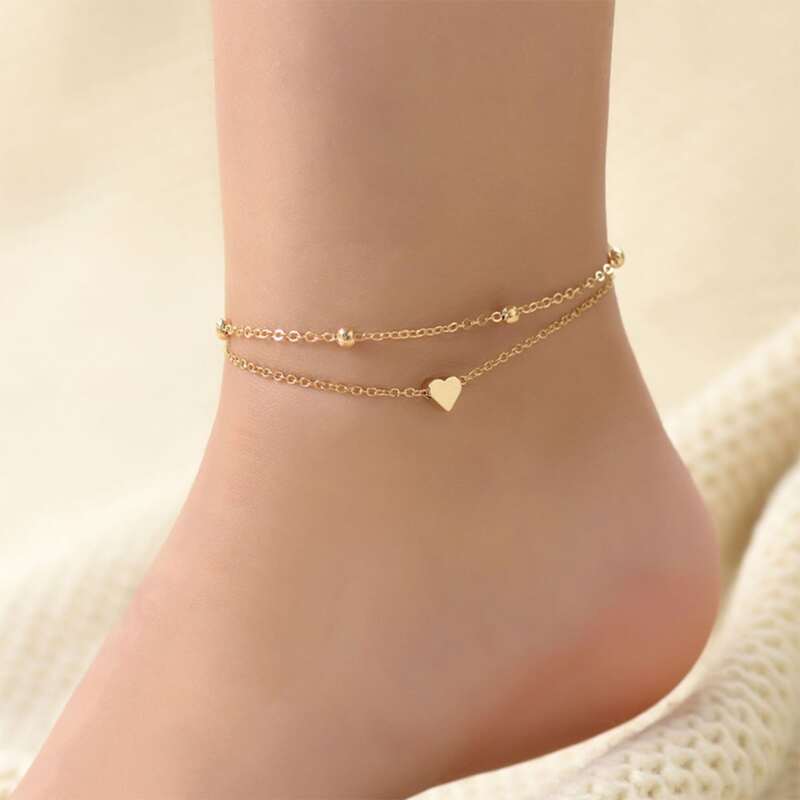 2pcs Heart Decor Chain Anklet, Gold