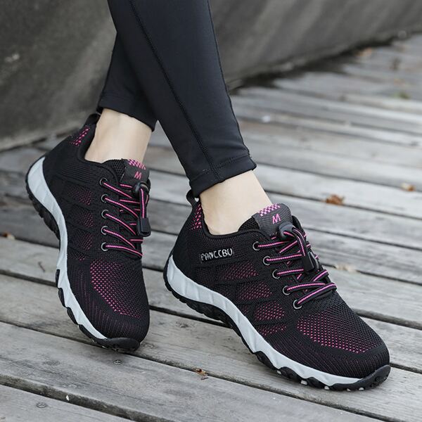 

Knit Detail Lace-up Front Running Shoes, Black