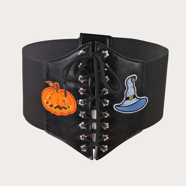 

Halloween Pumpkin Print Corset Belt, Black