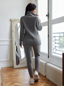 SHEIN Turtleneck Drop Shoulder Jumper & Knit Trousers - Grey - View 2