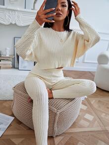 SHEIN Cable Knit Drop Shoulder Crop Jumper & Knit Trousers - Beige - View 3