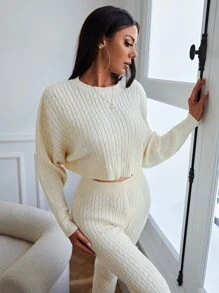 SHEIN Cable Knit Drop Shoulder Crop Jumper & Knit Trousers - Beige - View 4