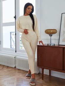 SHEIN Cable Knit Drop Shoulder Crop Jumper & Knit Trousers - Beige - View 5