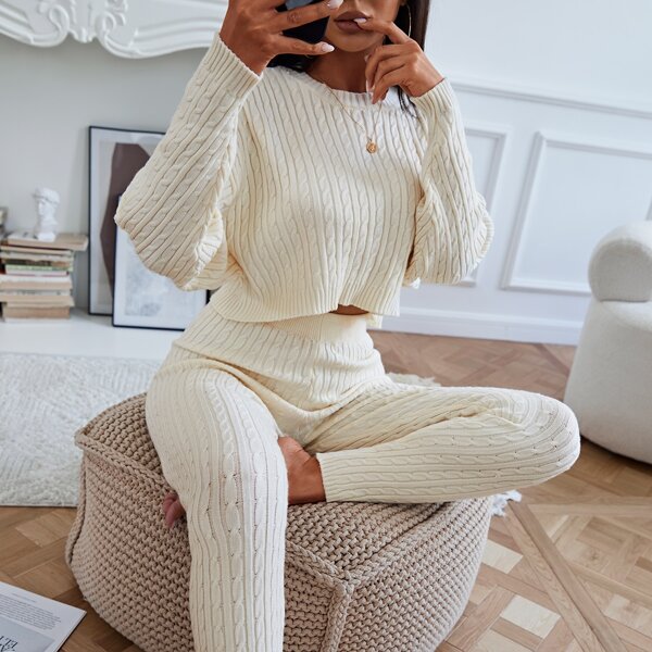 

Cable Knit Drop Shoulder Crop Sweater & Knit Pants, Beige