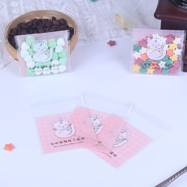 

100pcs Cat Print Packaging Bag, Pink