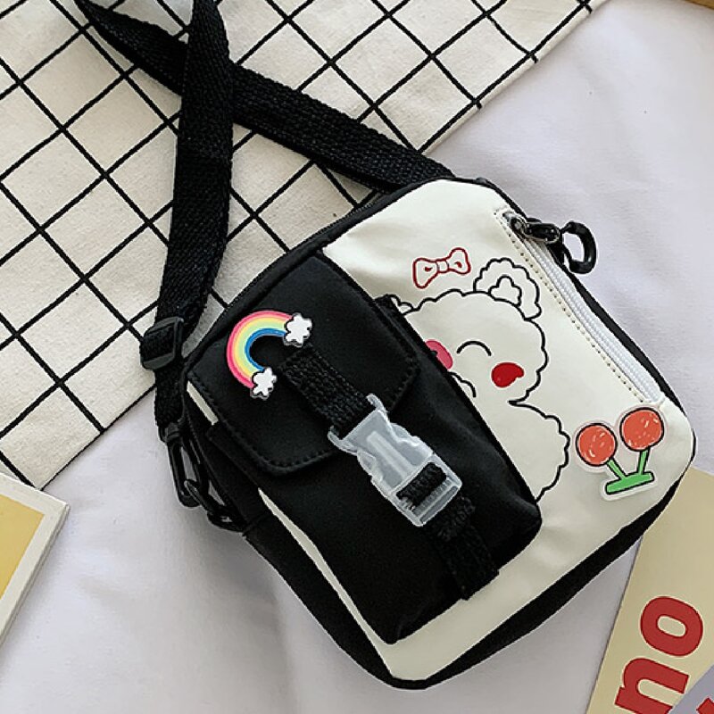 

Cartoon Print Crossbody Bag With Cartoon Badge, Black