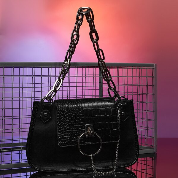 

Chain Decor Baguette Bag, Black