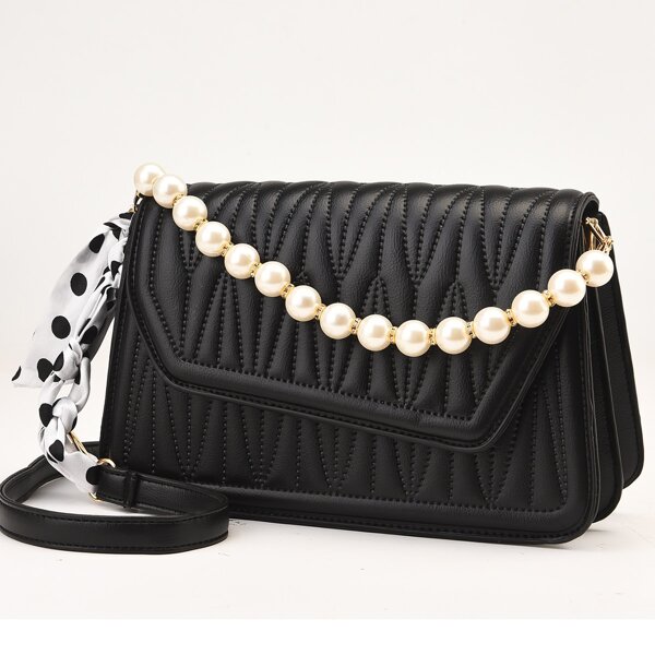 

Faux Pearl Decor Textured Flap Square Bag, Black
