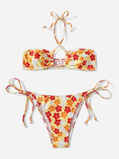 Floral Print Halter Bikini, For Summer Beach Vacation