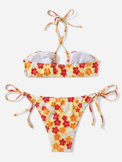Floral Print Halter Bikini, For Summer Beach Vacation