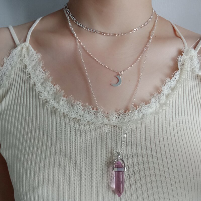 

Moon Decor Layered Chain Necklace, Silver