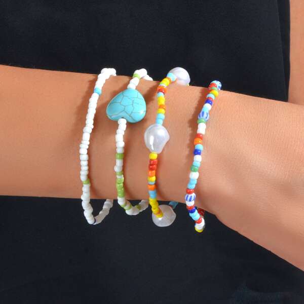 

4pcs Heart Decor Beaded Bracelet, Multicolor