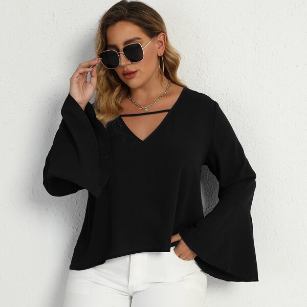 

Plus Flounce Sleeve Solid Blouse, Black