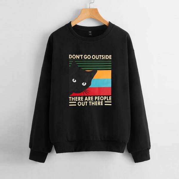 

Plus Cartoon Cat & Slogan Graphic Sweatshirt, Black