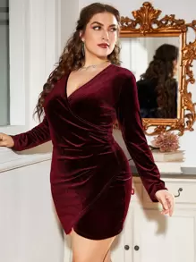 SHEIN Unity Plus Ruched Side Wrap Velvet Bodycon Dress - Maroon - View 1