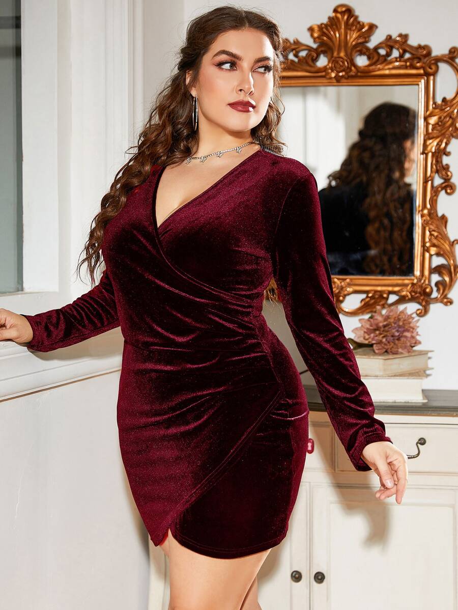 SHEIN Unity Plus Ruched Side Wrap Velvet Bodycon Dress - Maroon - View 1