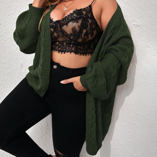 

Plus Drop Shoulder Cable Knit Cardigan, Dark green