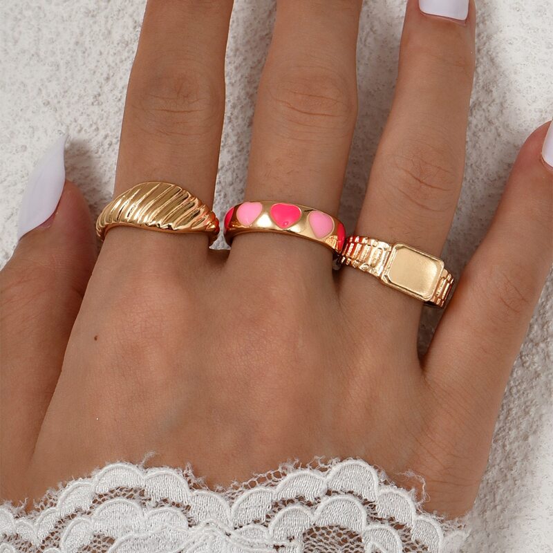

3pcs Heart Graphic Ring, Multicolor