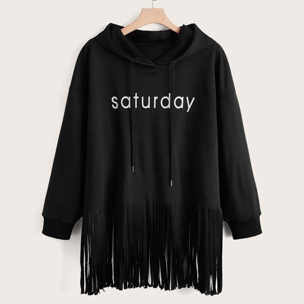 

Plus Letter Graphic Fringe Hem Drawstring Hoodie, Black