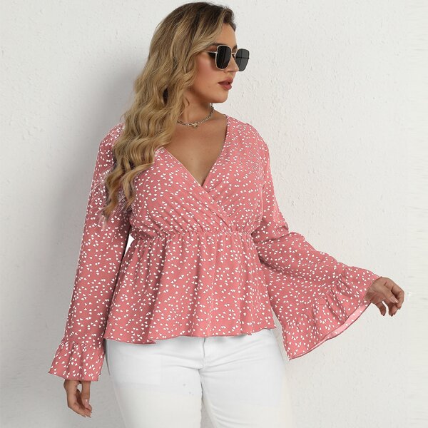 

Plus Confetti Heart Print Peplum Blouse, Pink