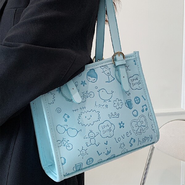 

Cartoon Graphic Shoulder Tote Bag, Blue