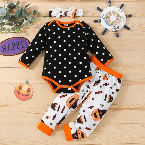 

Baby Polka Dot Print Bodysuit & Halloween Print Sweatpants & Headband, Black and white