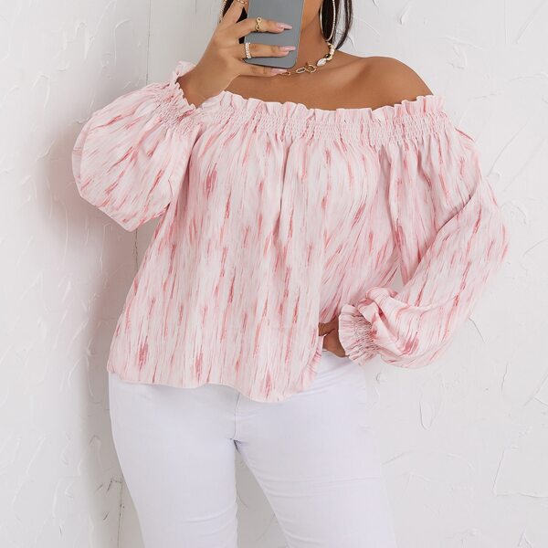 

Plus Allover Print Frill Trim Off The Shoulder Bishop Sleeve Blouse, Pink