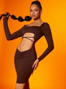 SHEIN SXY Đầm Hội Chữ thập Cắt ra Buộc lại màu trơn Gợi cảm - Màu nâu Sô-cô-la - Xem 1