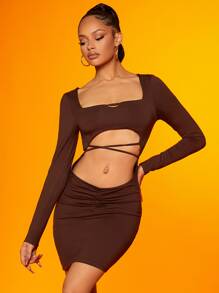 SHEIN SXY Đầm Hội Chữ thập Cắt ra Buộc lại màu trơn Gợi cảm - Màu nâu Sô-cô-la - Xem 3