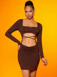 SHEIN SXY Đầm Hội Chữ thập Cắt ra Buộc lại màu trơn Gợi cảm - Màu nâu Sô-cô-la - Xem 5