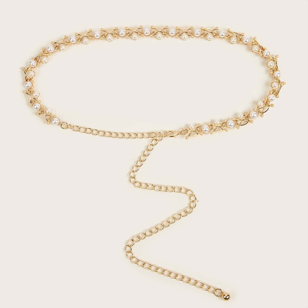 

Faux Pearl Decor Waist Chain Belt, Gold