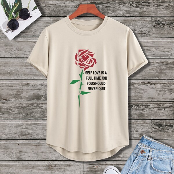 

Men Rose & Slogan Graphic Tee, Khaki