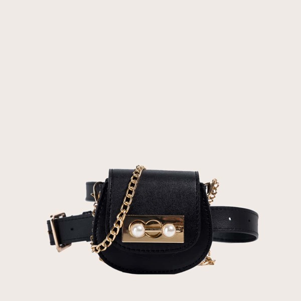 

Faux Pearls Decor Flap Belt Bag, Black