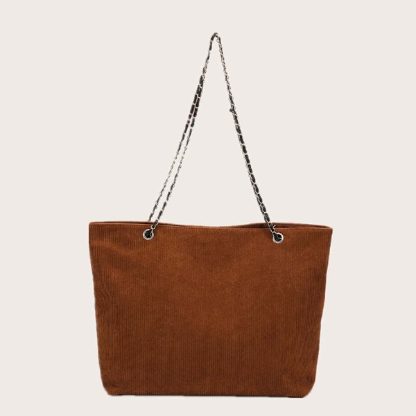 

Corduroy Chain Shoulder Tote Bag, Brown