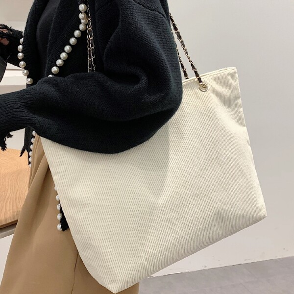 

Corduroy Chain Shoulder Tote Bag, Beige