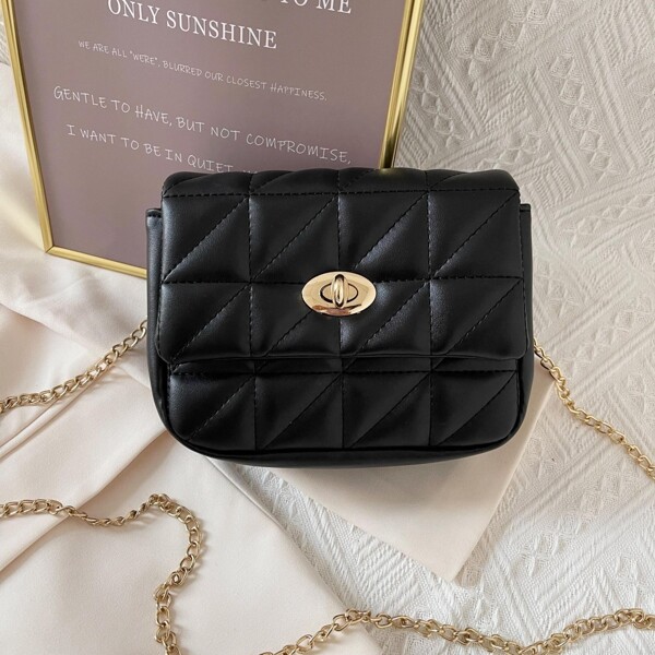 

Twist Lock Quilted Flap Square Bag, Black