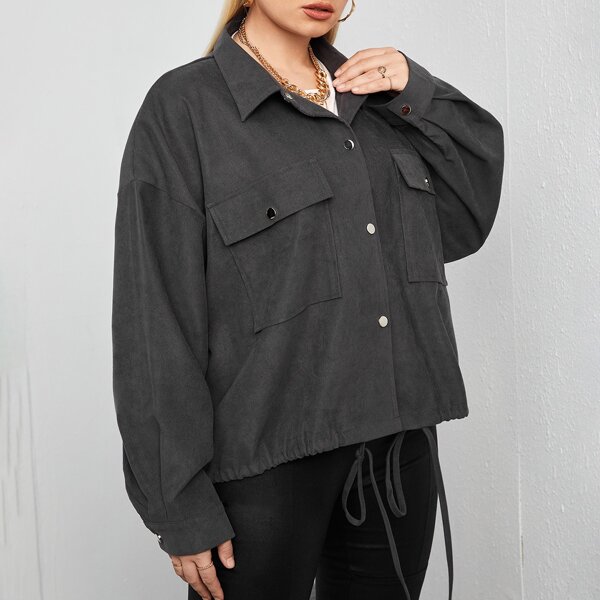

Plus Solid Flap Pocket Button Up Drawstring Hem Jacket, Dark grey