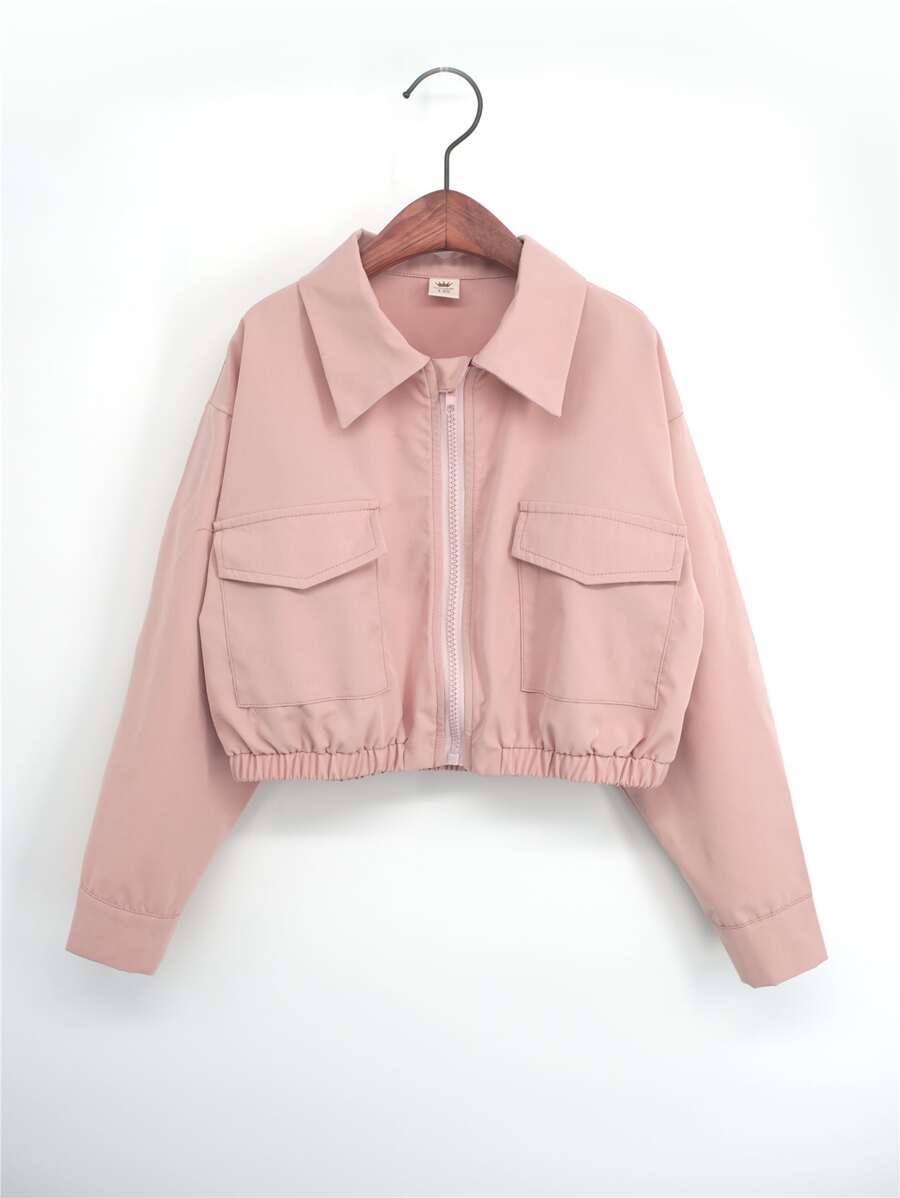 Girls Flap Pocket Elastic Hem Jacket - Dusty Pink - View 1