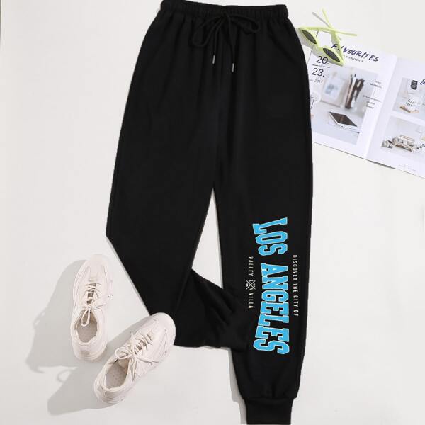 

Letter Graphic Drawstring Waist Sweatpants, Black