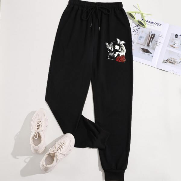 

Floral & Skull Print Drawstring Waist Sweatpants, Black