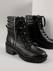 Faux Leather Studded Lace-Up Zip-Up Combat Boots - Black - View 2