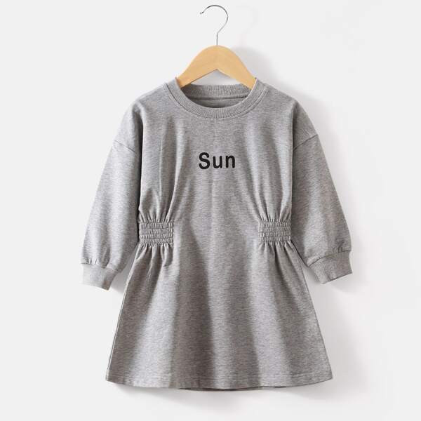 

Toddler Girls Drop Shoulder Letter Graphic Shirred Sweatshirt Dress, Grey